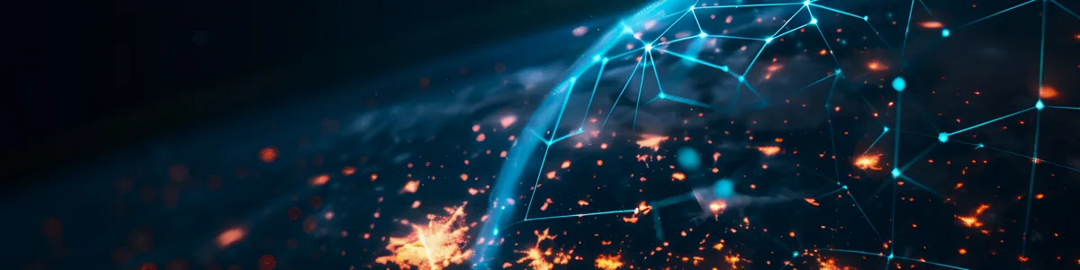 Glowing network of connected points across a globe at night