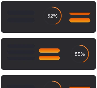 List of workstreams with progress rings at 52 and 85 percent
