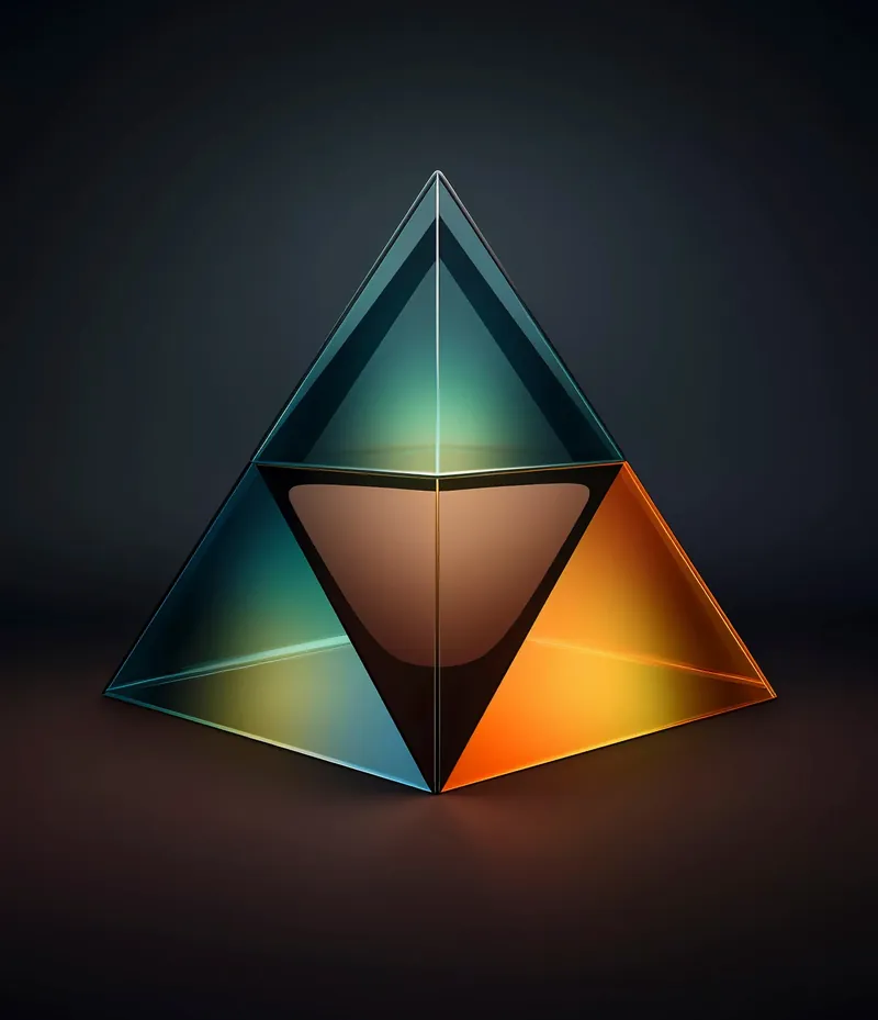 Glass pyramid lit in teal and orange, cover art for the brand identity project